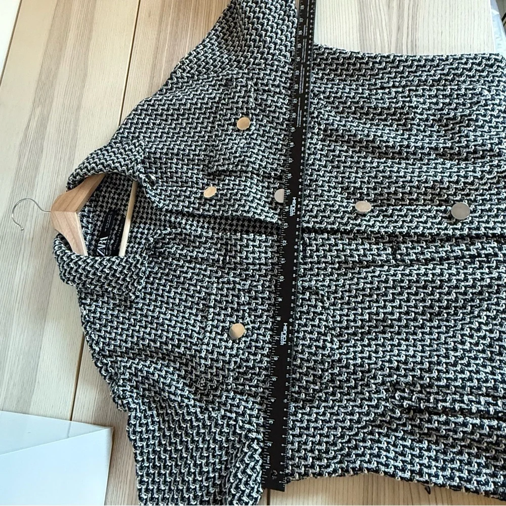 Zara Italian fabric Textured tweed Blazer White Black oversized size M - Picture 4 of 8